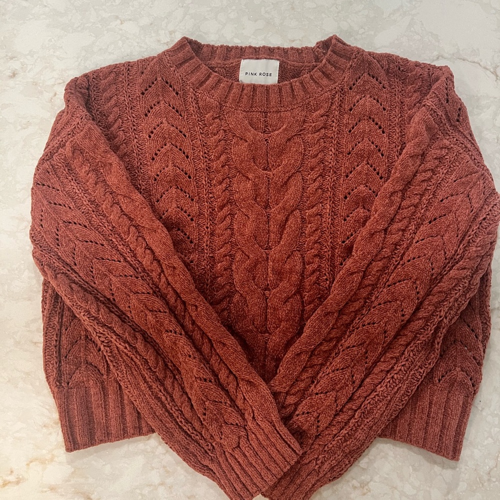 Pink Rose Cable Knit Crew Neck Sweater